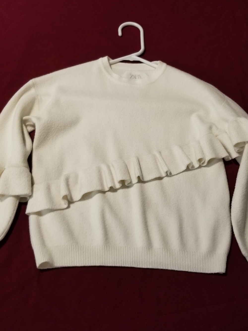 Zara Girl's 7 Cream Ruffle-Front Crewneck Sweater With Ribbed Hem & Cuffs